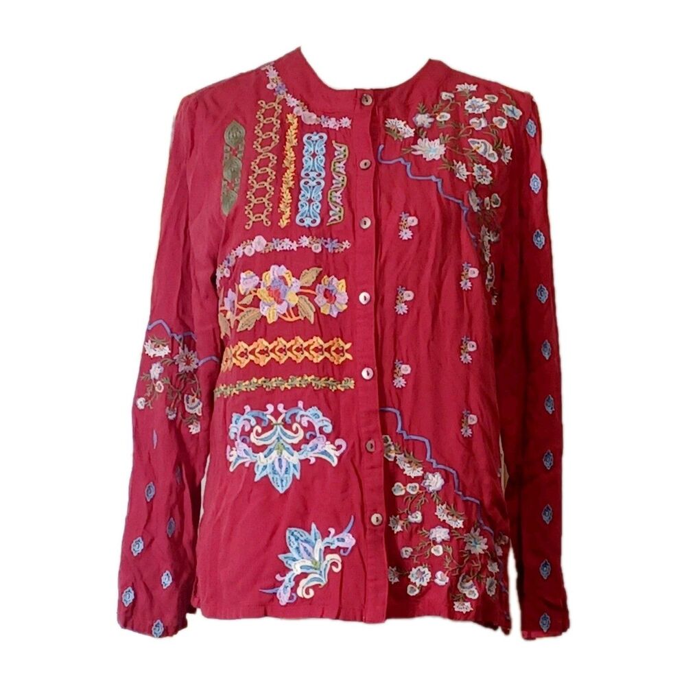Paparazzi Women's Red Boho Embroidered Button Up Blouse  100%cotton